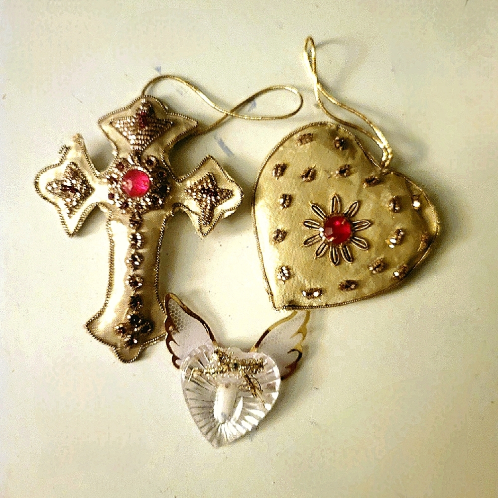 Nostalgic Trio of Ornaments:  Cross, Heart, Angel Love